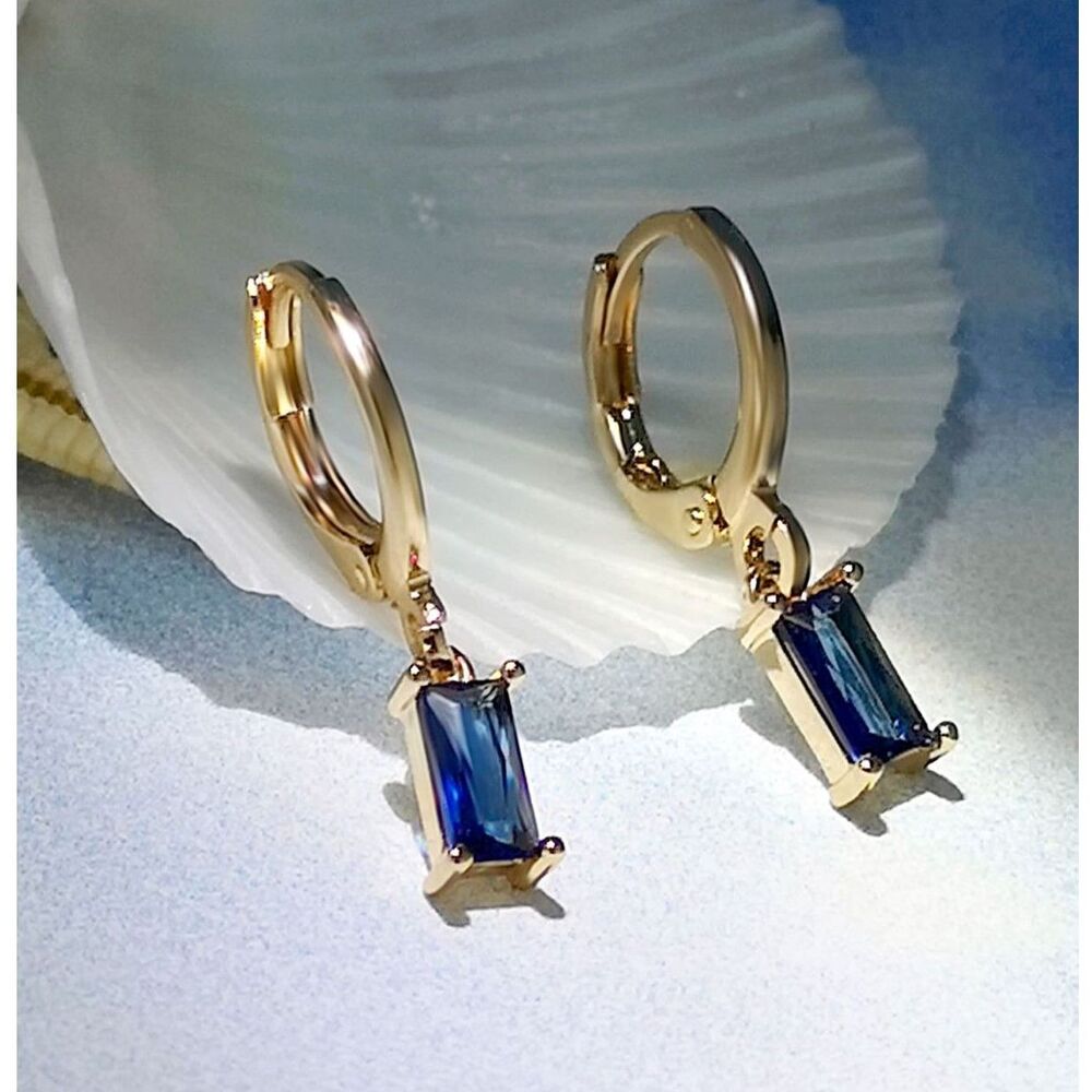 Emerald Cut Blue Rhinestone Pendant Gold Hoop Drop Earrings Dangle Crystal Charm - Picture 2 of 3